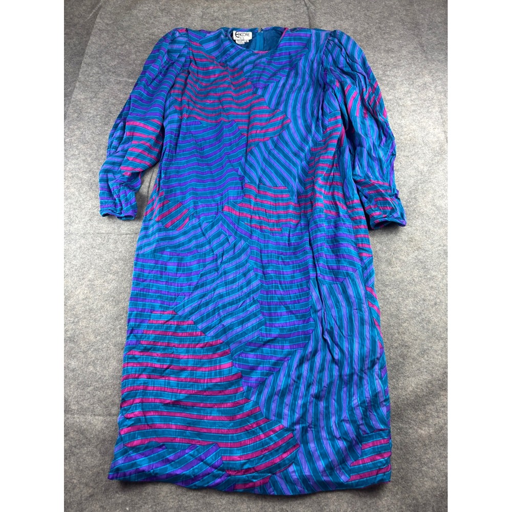 VTG Encore 100% Silk Geometric Stripe Midi Dress Blue Womens 16 Retro 80s Artsy
